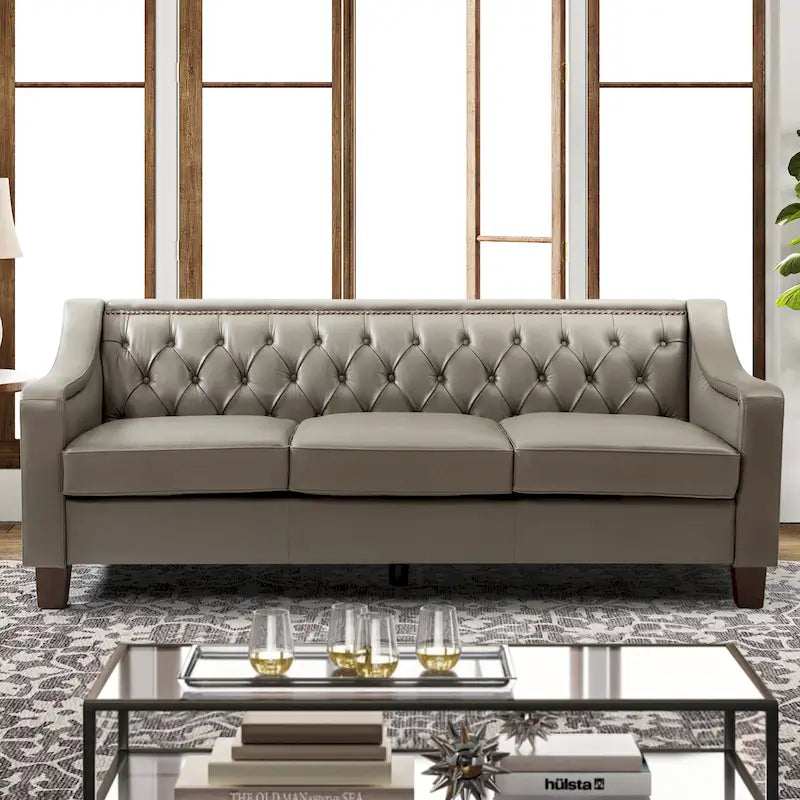 Mateo 82.28 Wide Transitional Genuine Leather Sofa with Nailhead Trim and Button-Tufted Back