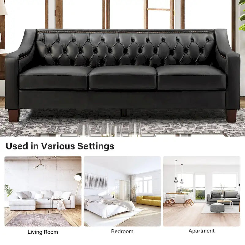 Mateo 82.28 Wide Transitional Genuine Leather Sofa with Nailhead Trim and Button-Tufted Back