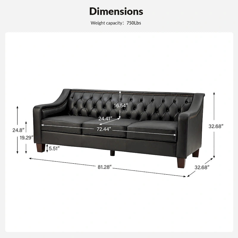 Mateo 82.28 Wide Transitional Genuine Leather Sofa with Nailhead Trim and Button-Tufted Back