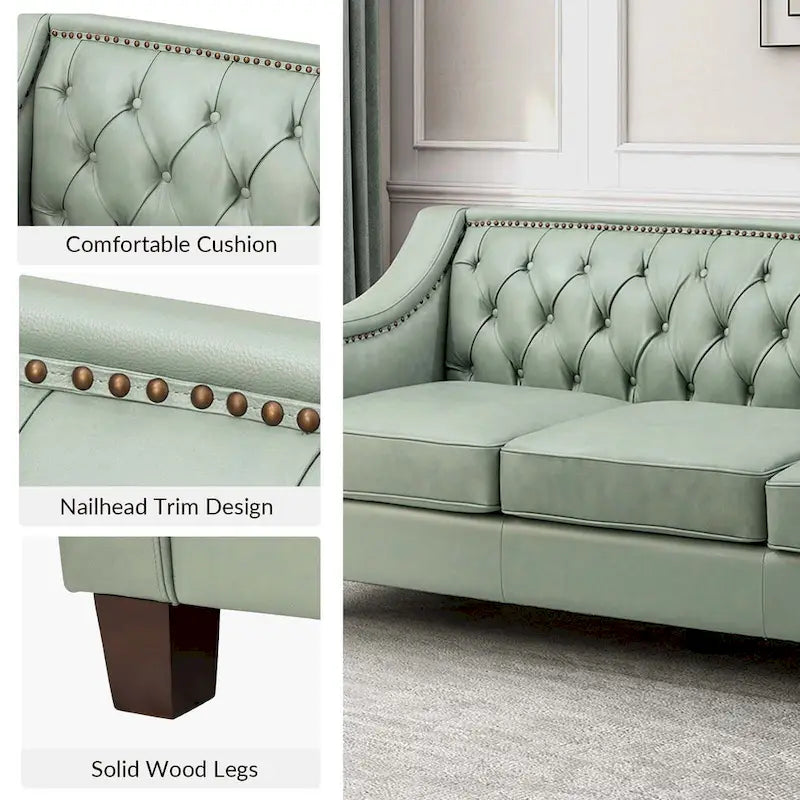 Mateo 82.28 Wide Transitional Genuine Leather Sofa with Nailhead Trim and Button-Tufted Back