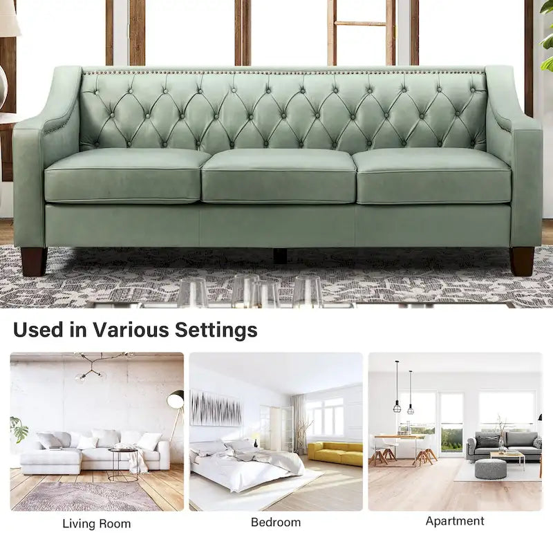 Mateo 82.28 Wide Transitional Genuine Leather Sofa with Nailhead Trim and Button-Tufted Back