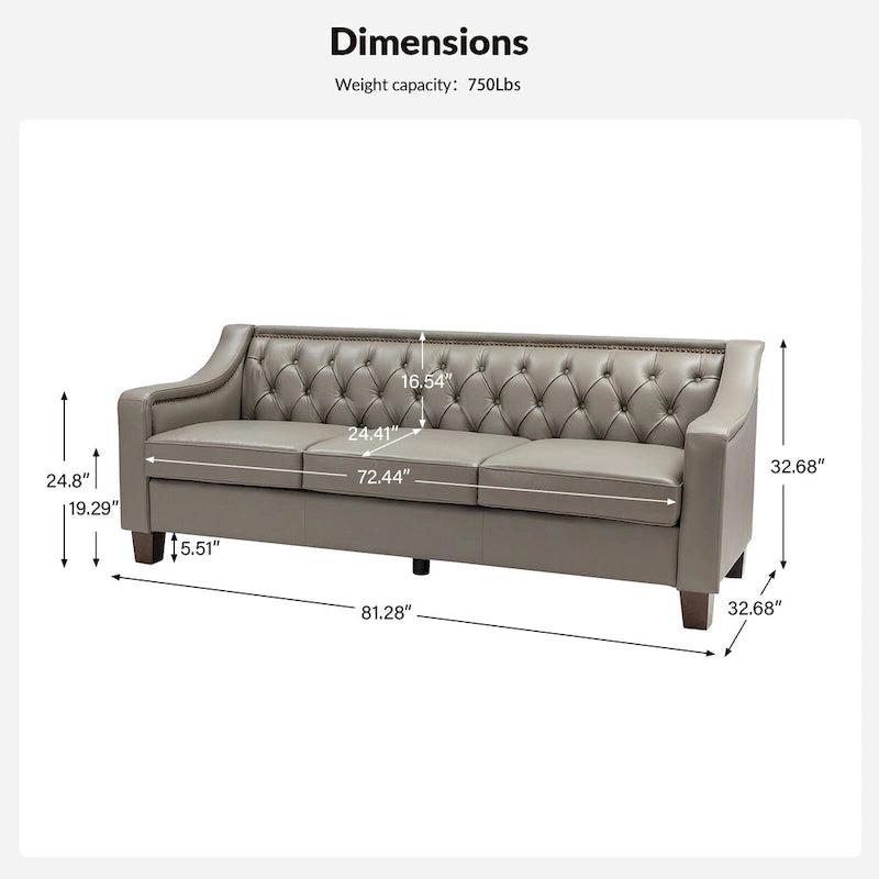 Mateo 82.28 Wide Transitional Genuine Leather Sofa with Nailhead Trim and Button-Tufted Back