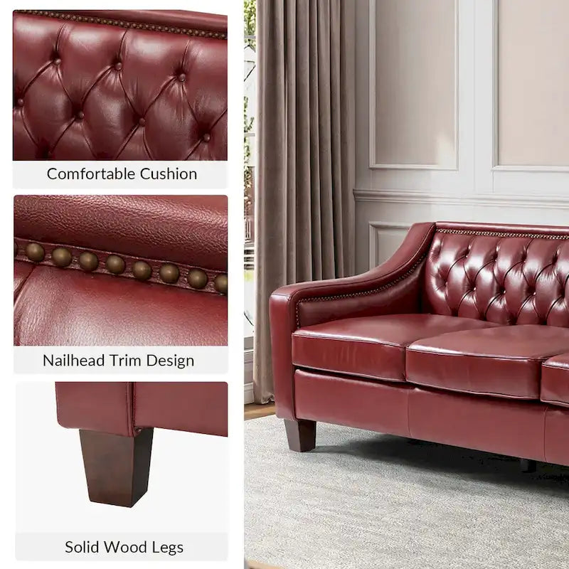 Mateo 82.28 Wide Transitional Genuine Leather Sofa with Nailhead Trim and Button-Tufted Back