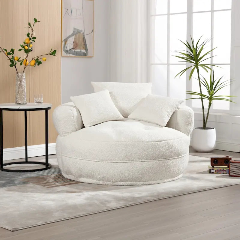 Boucle Upholstered Tufted Barrel Accent Living Room Chair With Toss Pillows