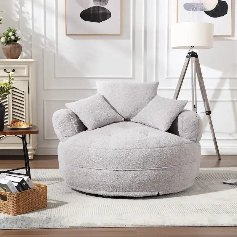 Boucle Upholstered Tufted Barrel Accent Living Room Chair With Toss Pillows