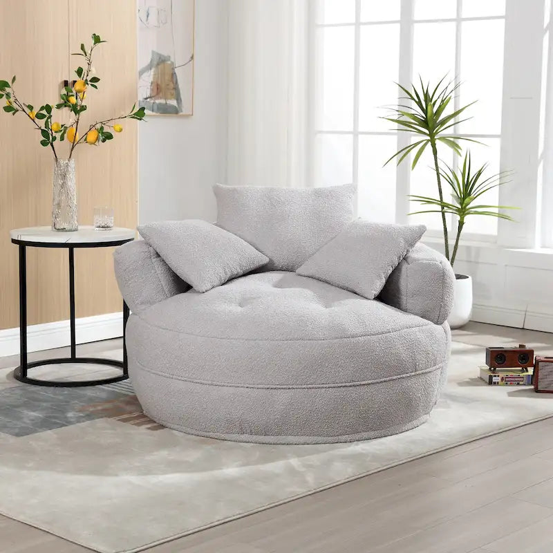 Boucle Upholstered Tufted Barrel Accent Living Room Chair With Toss Pillows