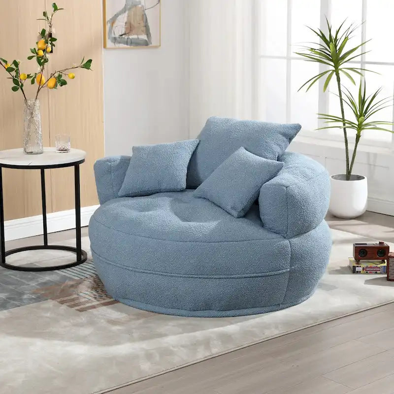 Boucle Upholstered Tufted Barrel Accent Living Room Chair With Toss Pillows