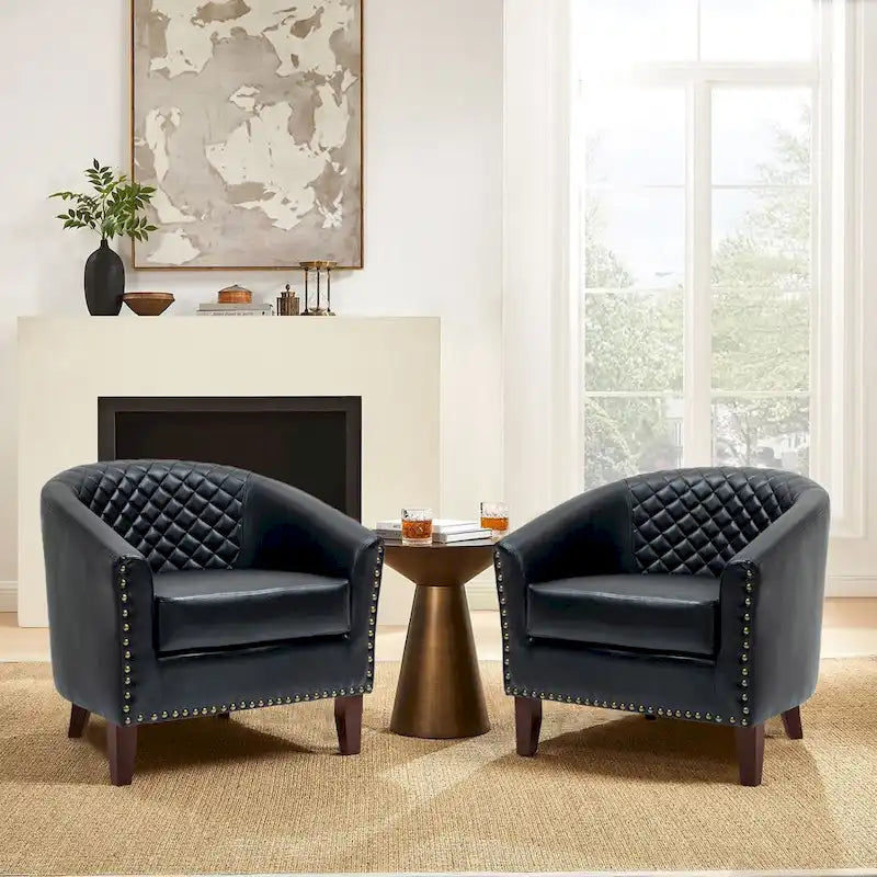 2 Set Vegan Leather Barrel Accent Chairs with Nailheads Trim