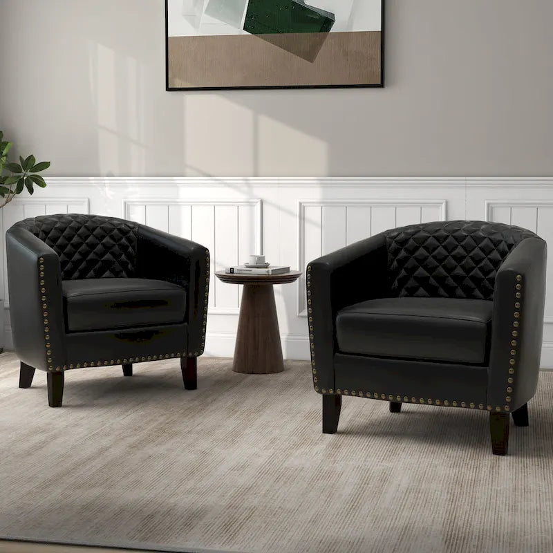2 Set Vegan Leather Barrel Accent Chairs with Nailheads Trim
