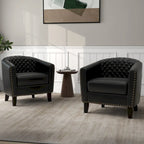 2 Set Vegan Leather Barrel Accent Chairs with Nailheads Trim