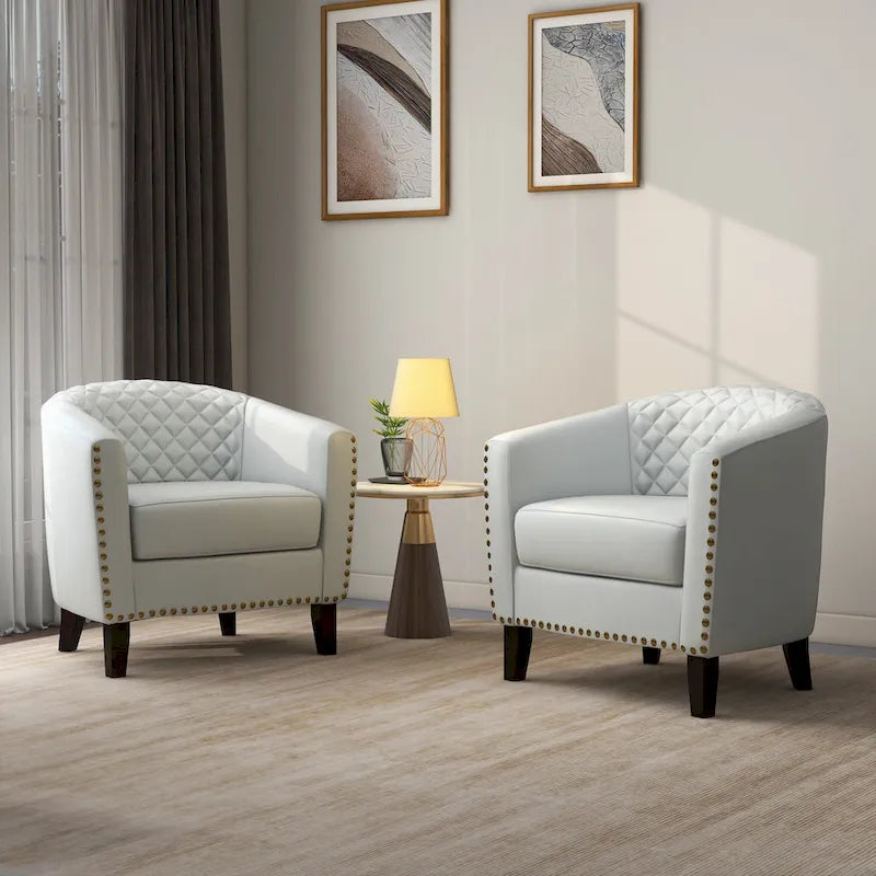 2 Set Vegan Leather Barrel Accent Chairs with Nailheads Trim
