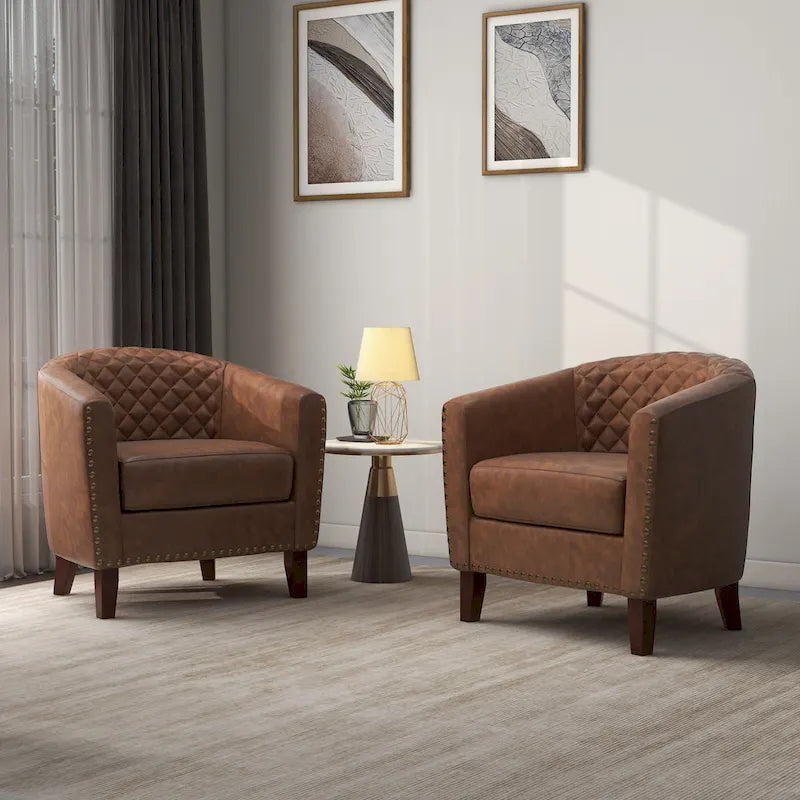 2 Set Vegan Leather Barrel Accent Chairs with Nailheads Trim