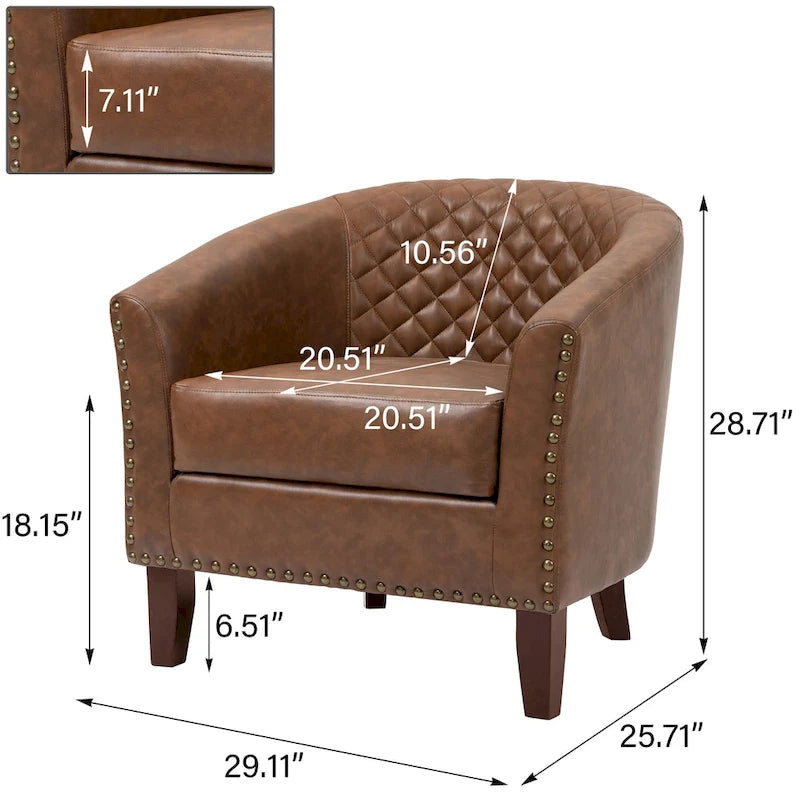 2 Set Vegan Leather Barrel Accent Chairs with Nailheads Trim