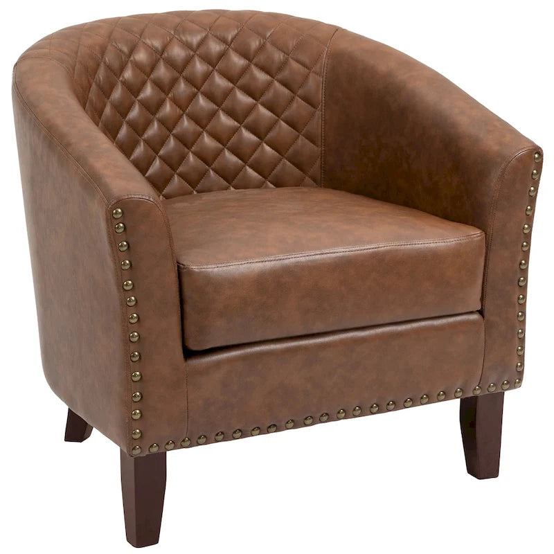 2 Set Vegan Leather Barrel Accent Chairs with Nailheads Trim