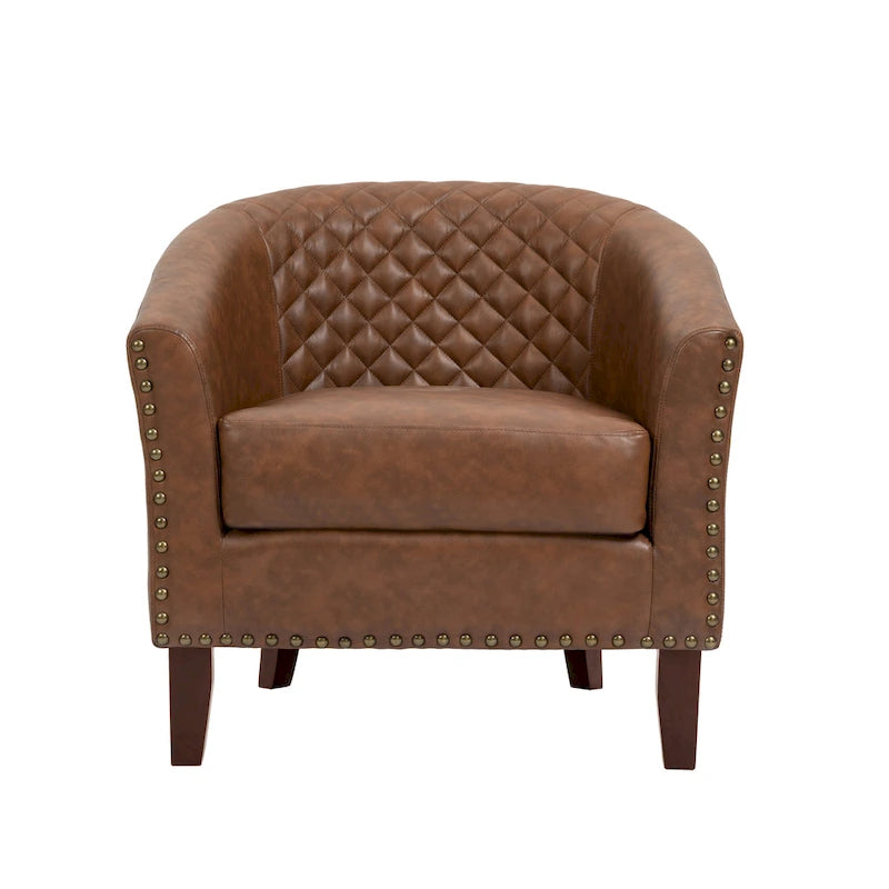 2 Set Vegan Leather Barrel Accent Chairs with Nailheads Trim