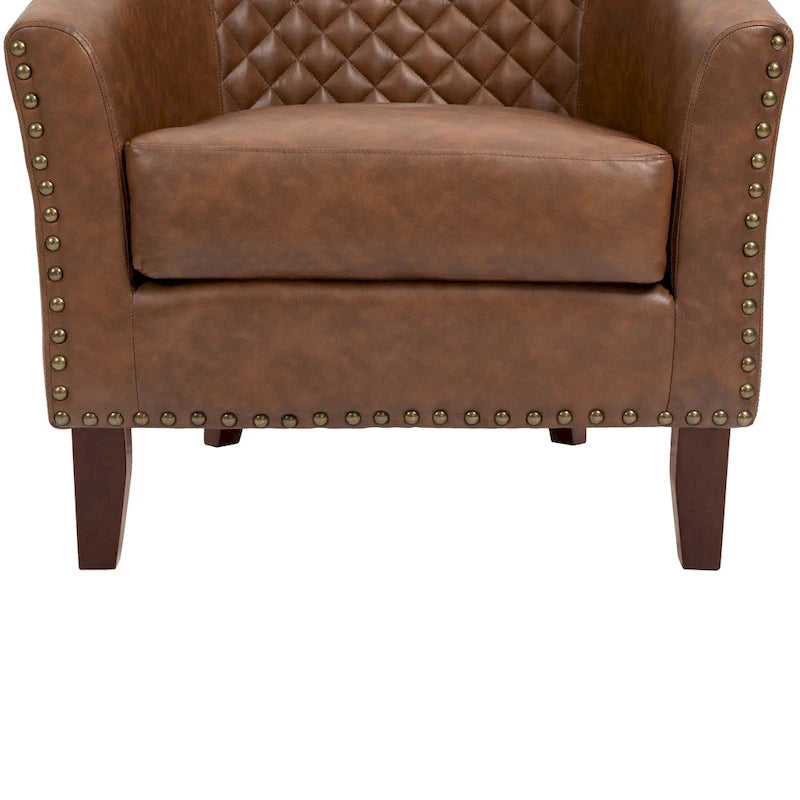 2 Set Vegan Leather Barrel Accent Chairs with Nailheads Trim