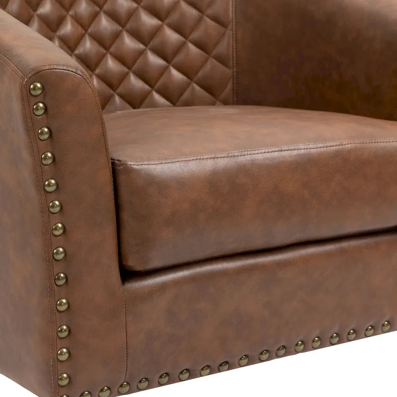 2 Set Vegan Leather Barrel Accent Chairs with Nailheads Trim