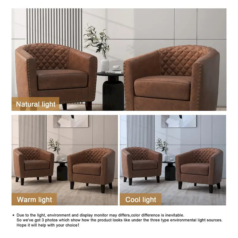 2 Set Vegan Leather Barrel Accent Chairs with Nailheads Trim