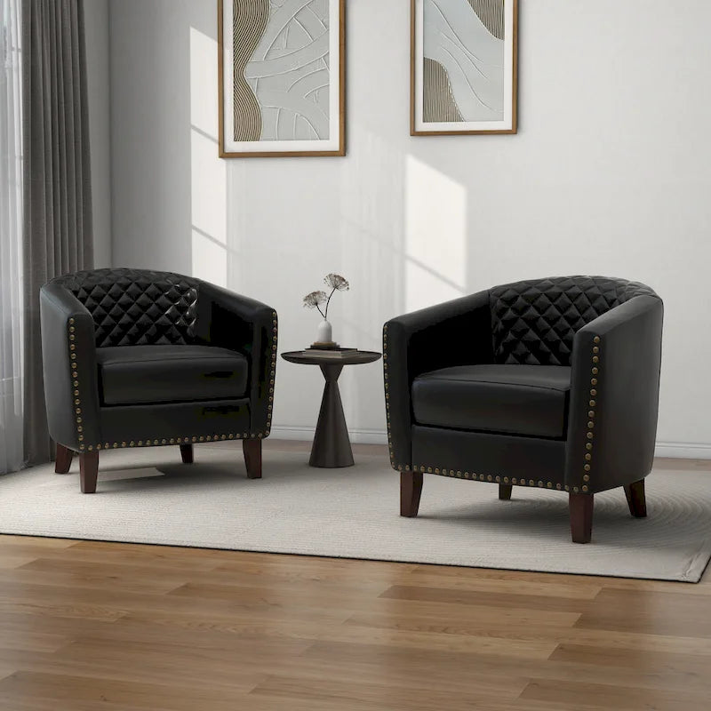2 Set Vegan Leather Barrel Accent Chairs with Nailheads Trim