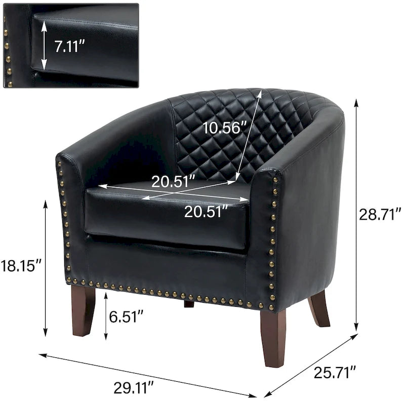 2 Set Vegan Leather Barrel Accent Chairs with Nailheads Trim