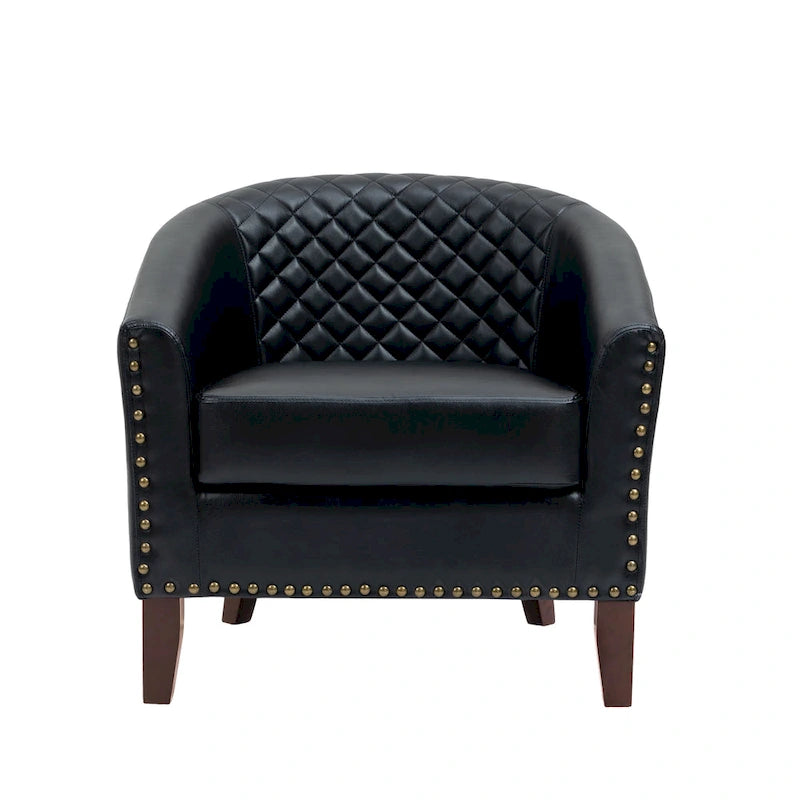 2 Set Vegan Leather Barrel Accent Chairs with Nailheads Trim