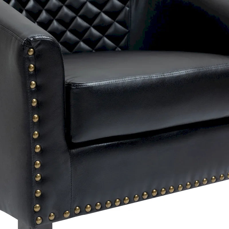 2 Set Vegan Leather Barrel Accent Chairs with Nailheads Trim
