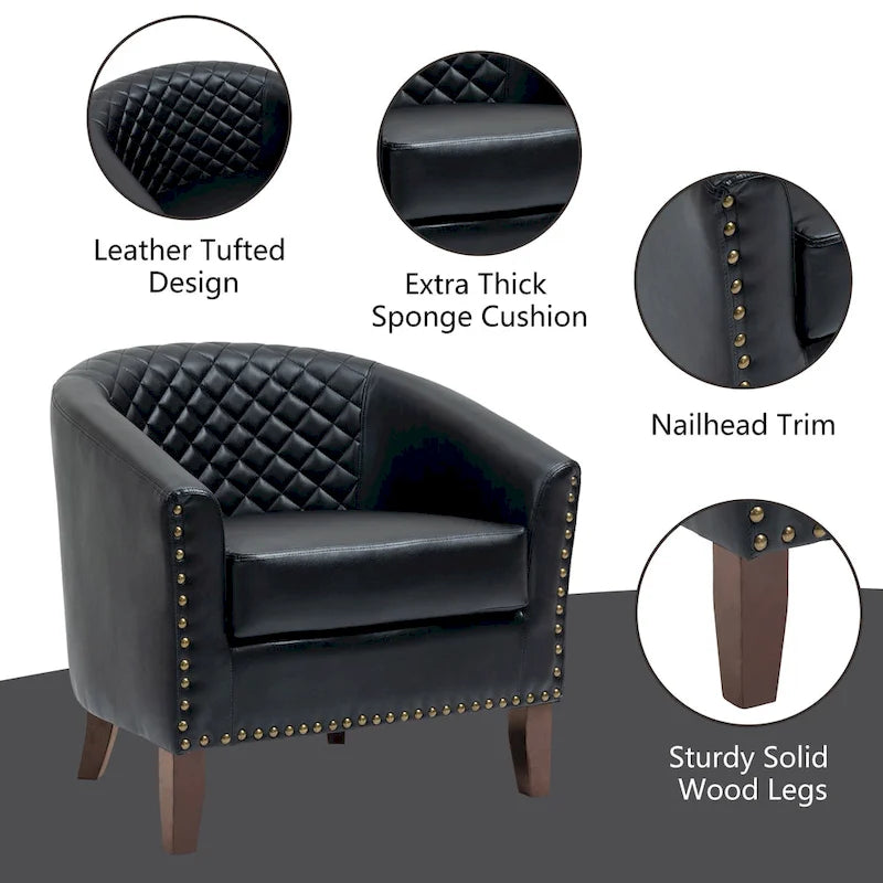 2 Set Vegan Leather Barrel Accent Chairs with Nailheads Trim
