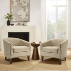 2 Set Vegan Leather Barrel Accent Chairs with Nailheads Trim