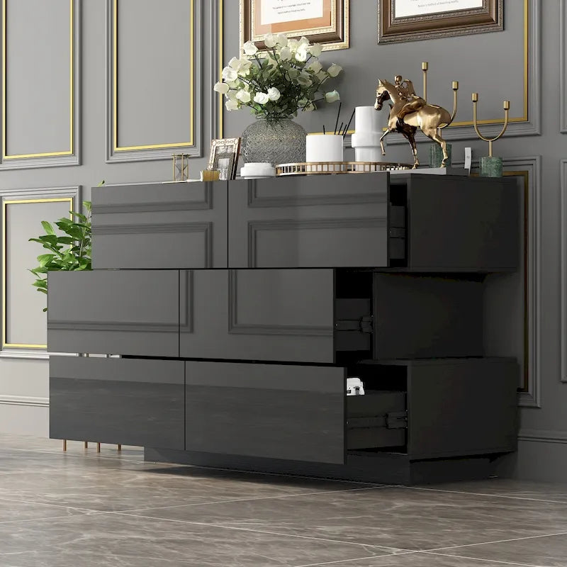 6 Drawers Dresser High Gloss Dresser Chest Off-Set Design Buffet