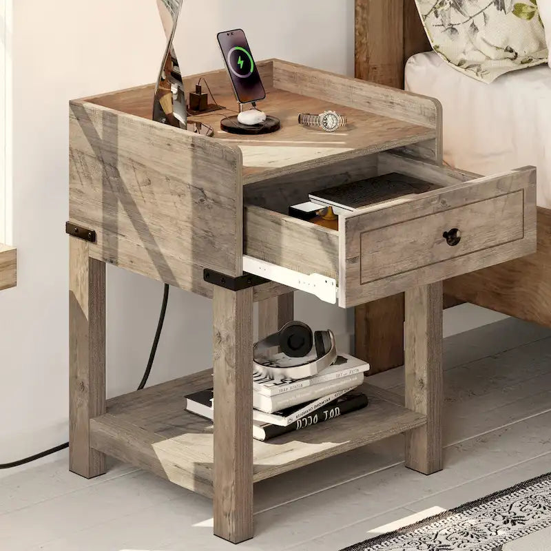 Moasis Farmhouse End Table with Charging Station, USB Ports and Outlets