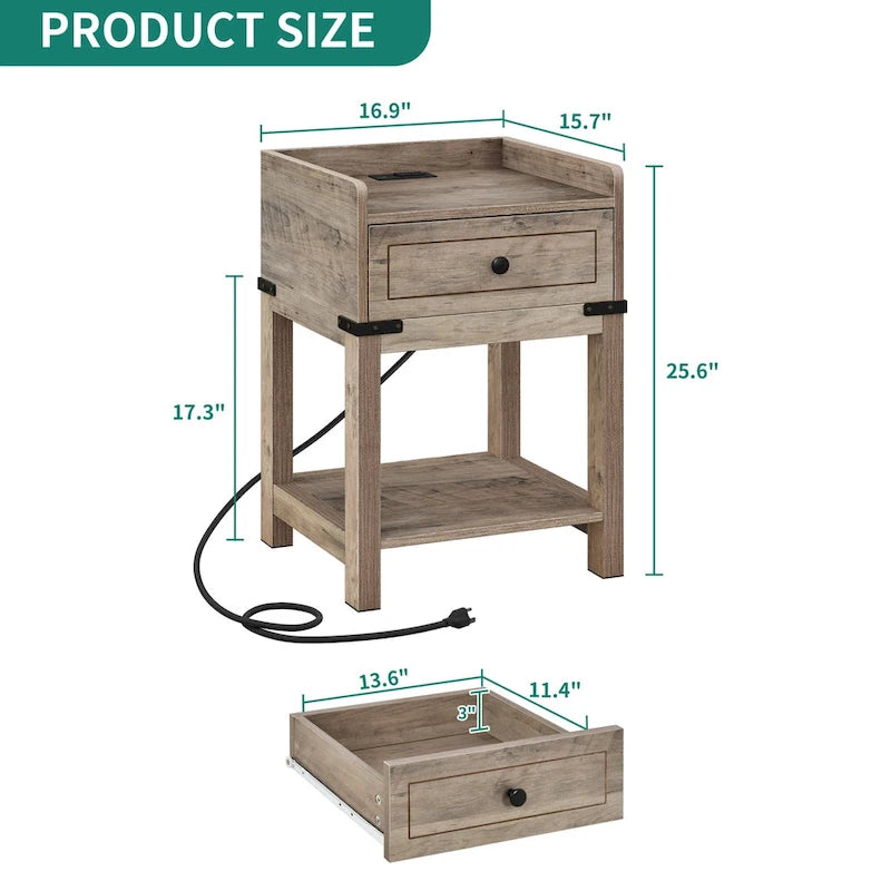 Moasis Farmhouse End Table with Charging Station, USB Ports and Outlets