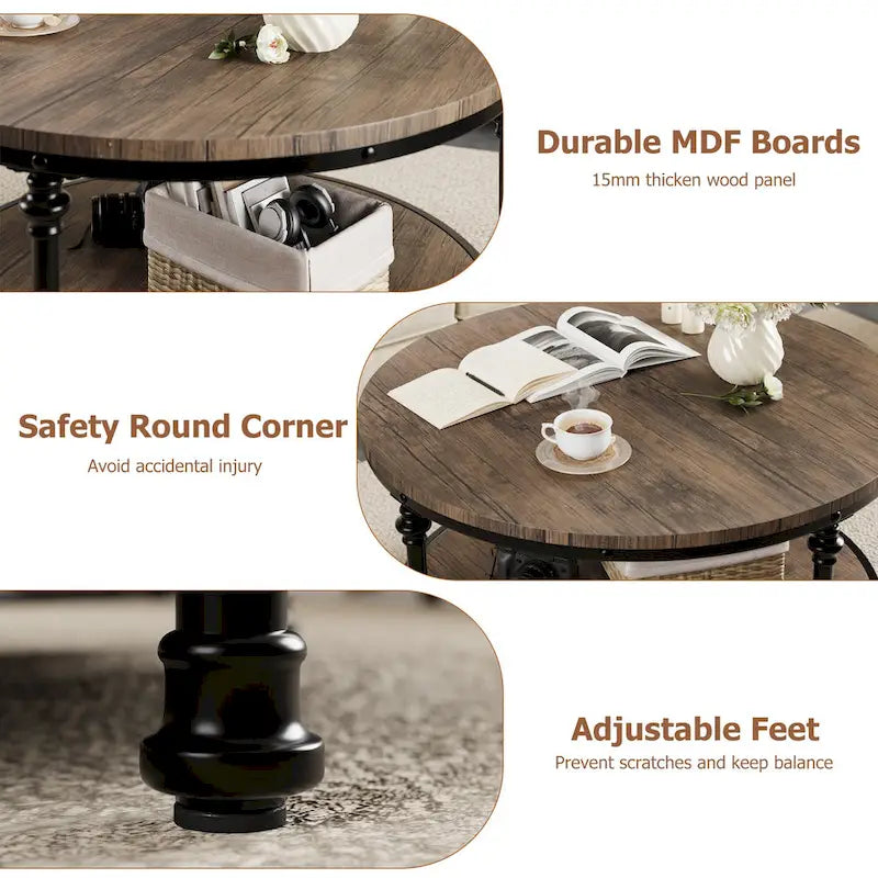 34.2in Wood Circle Coffee Table, with Storage Shelf, Metal Legs