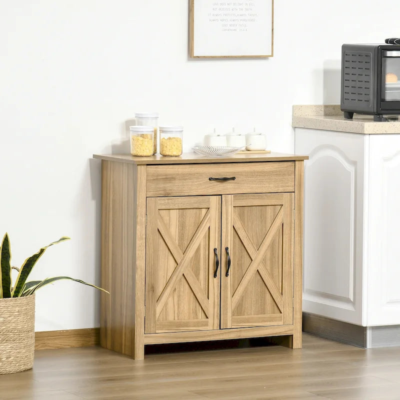 HOMCOM 32 Farmhouse Barn Door Style Sideboard Cabinet,Buffet Storage Cabinet Coffee Bar for Living Room or Entryway
