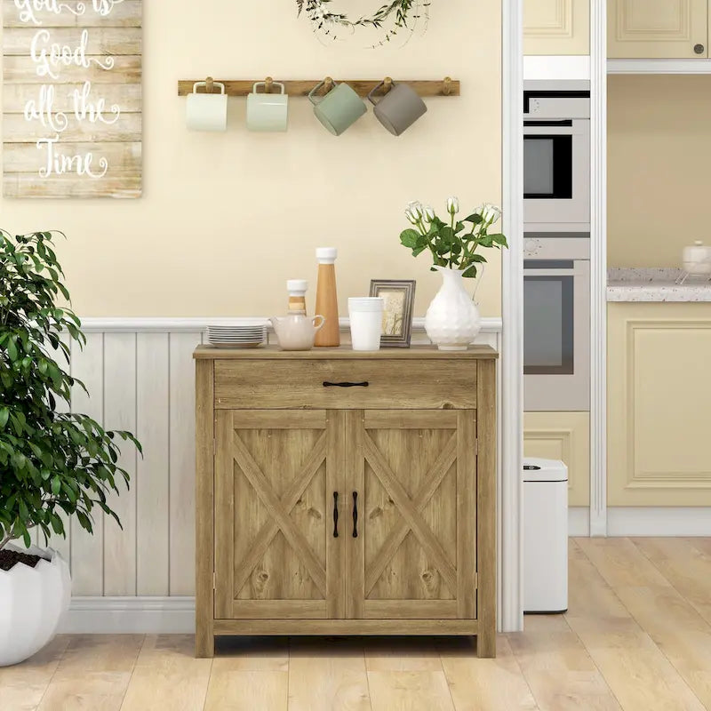 HOMCOM 32 Farmhouse Barn Door Style Sideboard Cabinet,Buffet Storage Cabinet Coffee Bar for Living Room or Entryway
