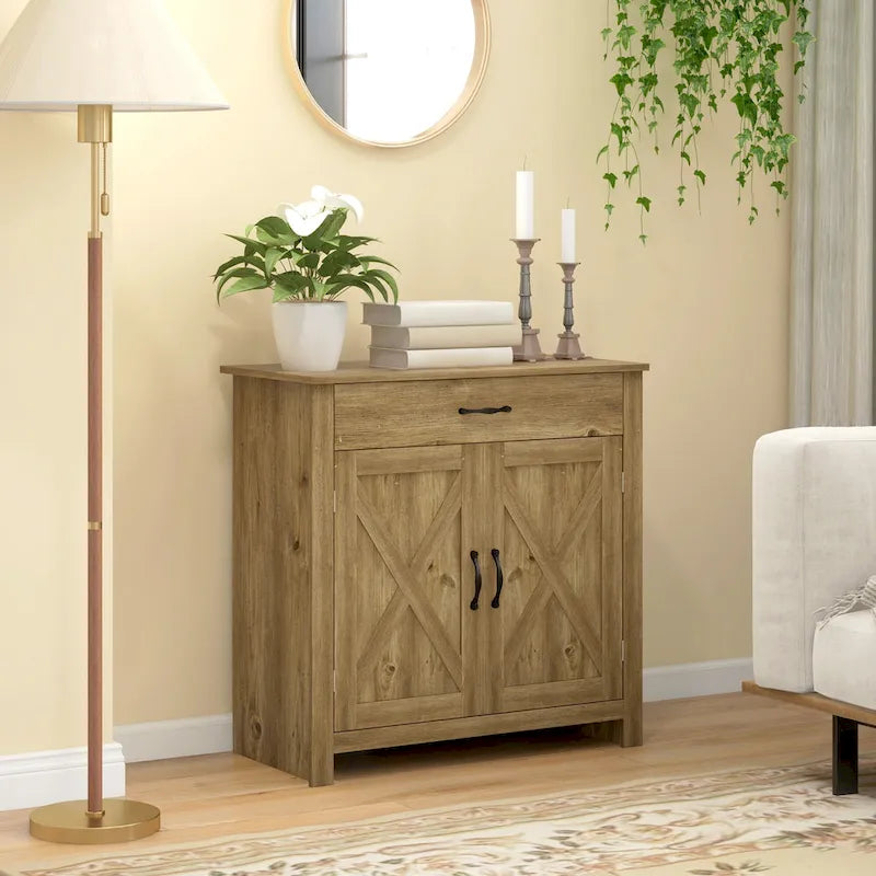 HOMCOM 32 Farmhouse Barn Door Style Sideboard Cabinet,Buffet Storage Cabinet Coffee Bar for Living Room or Entryway