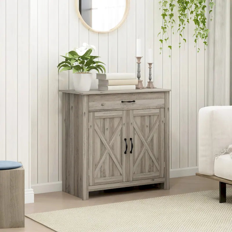 HOMCOM 32 Farmhouse Barn Door Style Sideboard Cabinet,Buffet Storage Cabinet Coffee Bar for Living Room or Entryway