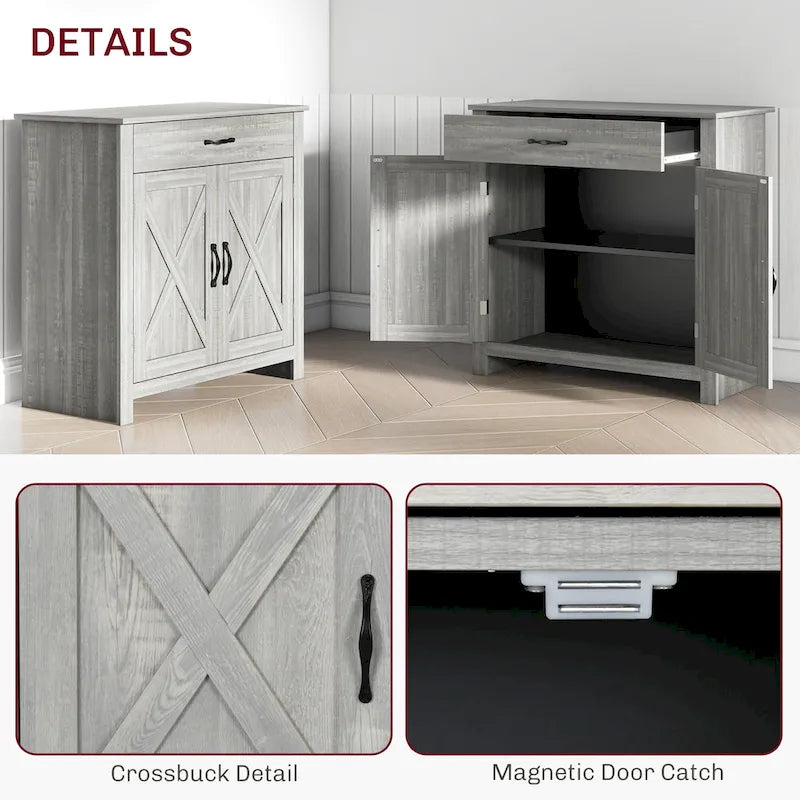 HOMCOM 32 Farmhouse Barn Door Style Sideboard Cabinet,Buffet Storage Cabinet Coffee Bar for Living Room or Entryway