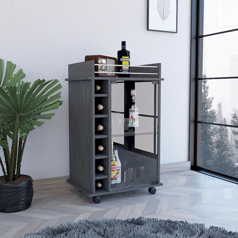 TUHOME Dukat Bar Cart,Two Shelves, Six Built-in Wine Rack and Four Casters - N/A