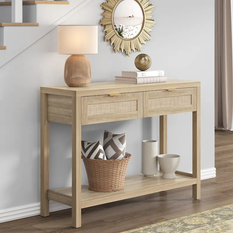 SICOTAS Rattan Console Table with 2 Drawers and Shelves - 30 x 39.4 x 13.8