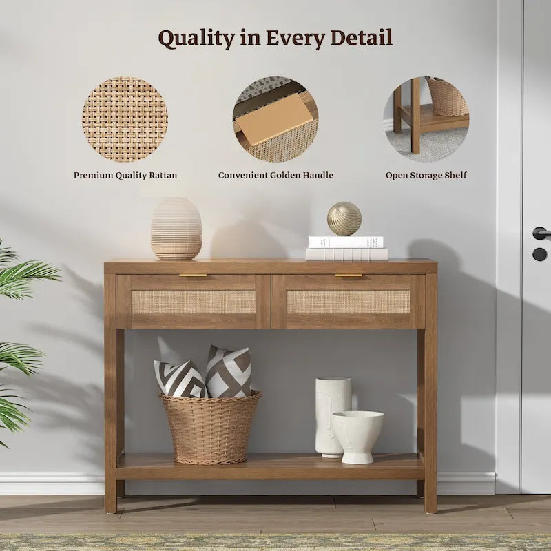 SICOTAS Rattan Console Table with 2 Drawers and Shelves - 30 x 39.4 x 13.8