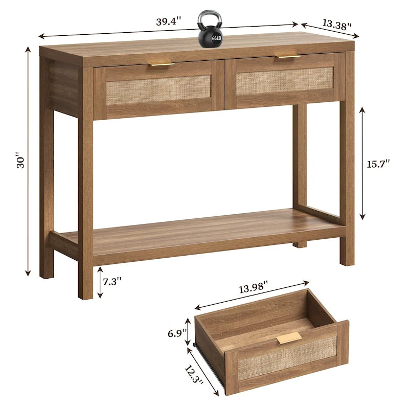 SICOTAS Rattan Console Table with 2 Drawers and Shelves - 30 x 39.4 x 13.8