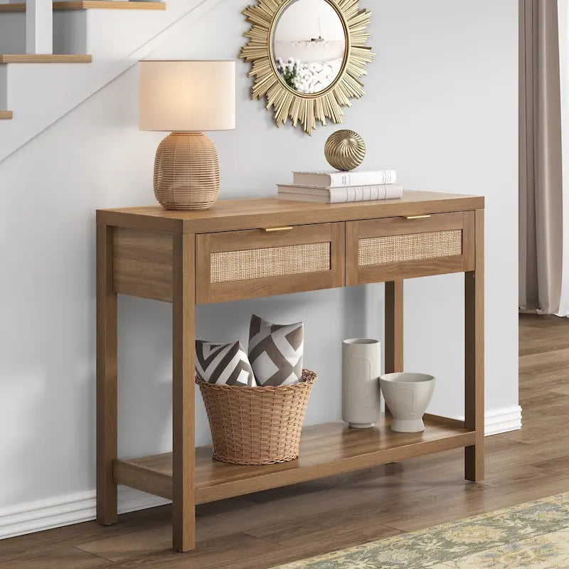 SICOTAS Rattan Console Table with 2 Drawers and Shelves - 30 x 39.4 x 13.8