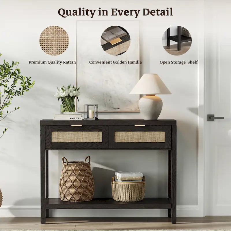 SICOTAS Rattan Console Table with 2 Drawers and Shelves - 30 x 39.4 x 13.8