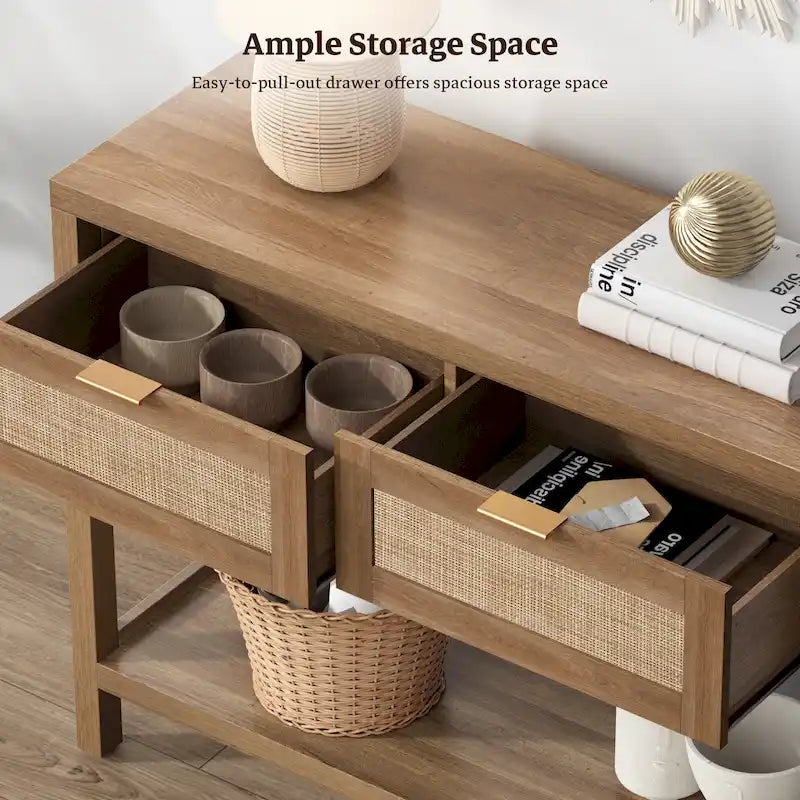 SICOTAS Rattan Console Table with 2 Drawers and Shelves - 30 x 39.4 x 13.8