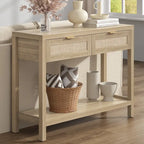SICOTAS Rattan Console Table with 2 Drawers and Shelves - 30 x 39.4 x 13.8