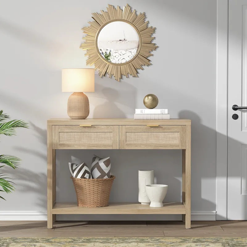 SICOTAS Rattan Console Table with 2 Drawers and Shelves - 30 x 39.4 x 13.8