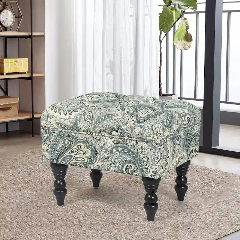 Adeco Ottoman Stool Tufted Foot Rest Fabric Floral Vanity Stool