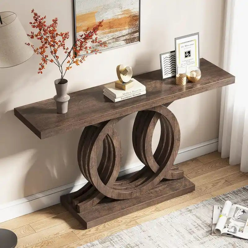 55 Inch Console Table with Geometric Base Wooden Hallway Table Vintage