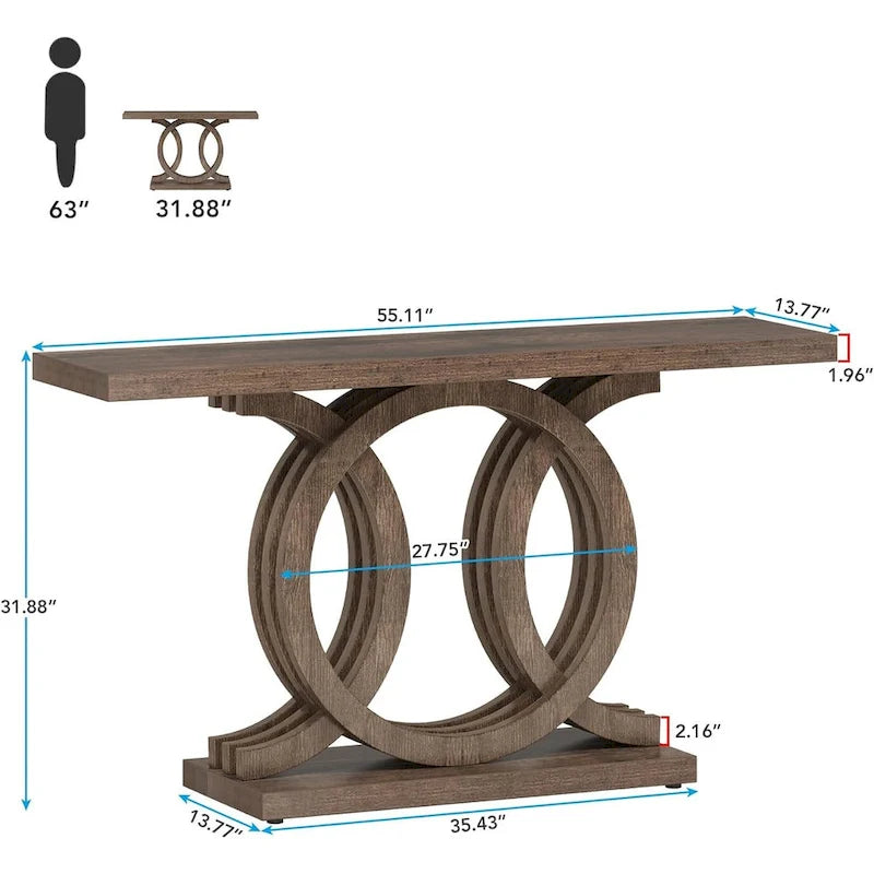 55 Inch Console Table with Geometric Base Wooden Hallway Table Vintage