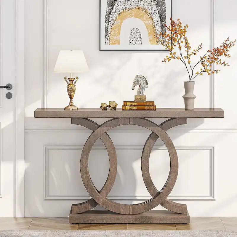 55 Inch Console Table with Geometric Base Wooden Hallway Table Vintage